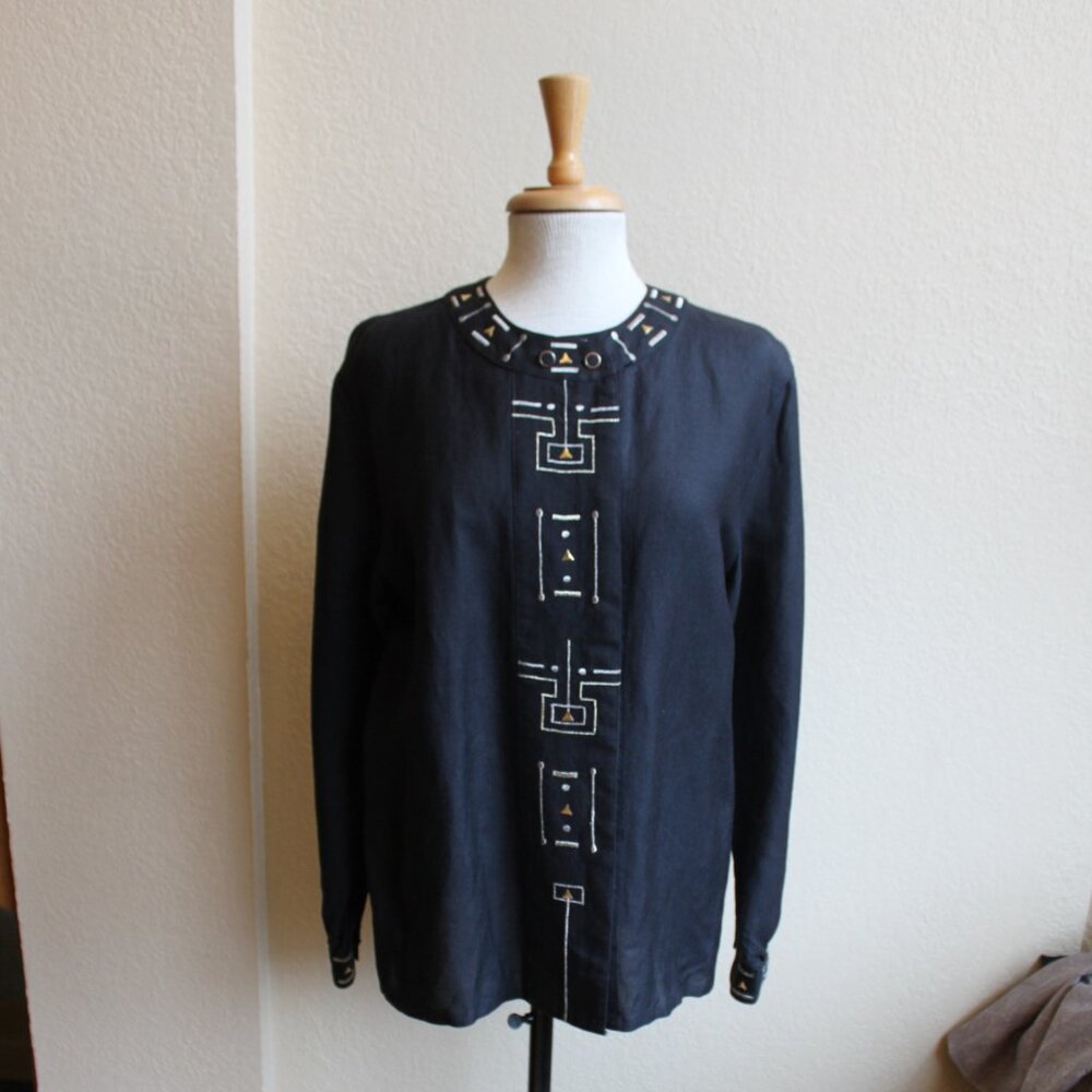 Gary Fabrikant VIntage 90's Black Embroidered Collarless Art Oversized Shirt 8